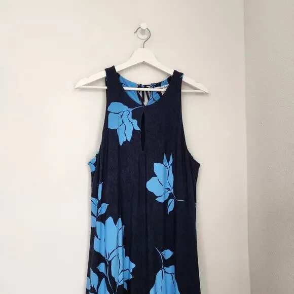 Tommy Bahama Navy Blue Tropical Floral Sleeveless Maxi Dress Keyhole L - Picture 7 of 9